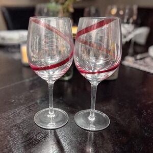 Pier 1 Red Swirline Wine Glasses, Set Of 2, Vintage Clear Stemware, Replacement